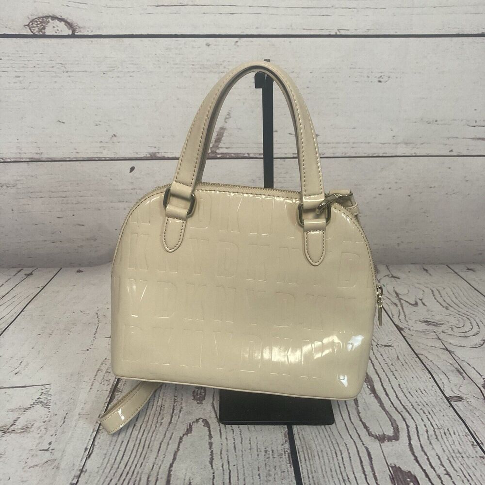 Dkny PVC Monogram Embossed Satchel Beige Small Chic Everyday‎ Adjustable Stap